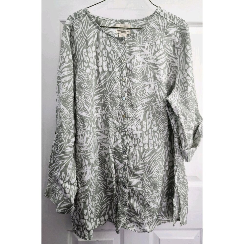 Christian Siriano plus size 1X tunic top 100% linen roll tab sleeve green boho